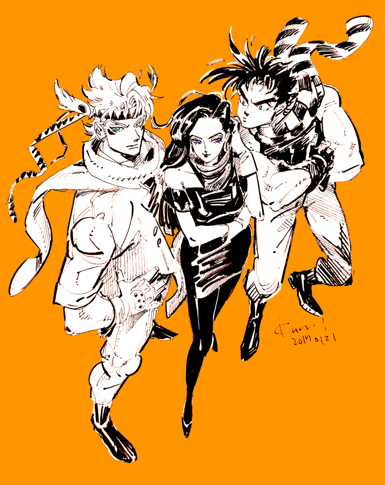 1girl 2boys battle_tendency black_dress blue_eyes caesar_anthonio_zeppeli commentary crossed_arms dated dress earrings eyelashes full_body gloves headband jewelry jojo_no_kimyou_na_bouken joseph_joestar joseph_joestar_(young) kotteri lisa_lisa long_hair looking_at_another looking_at_viewer looking_to_the_side multiple_boys orange_hair pants partially_colored scarf shirt shoes short_hair sideburns simple_background smile strapless strapless_shirt symbol-only_commentary tank_top vest