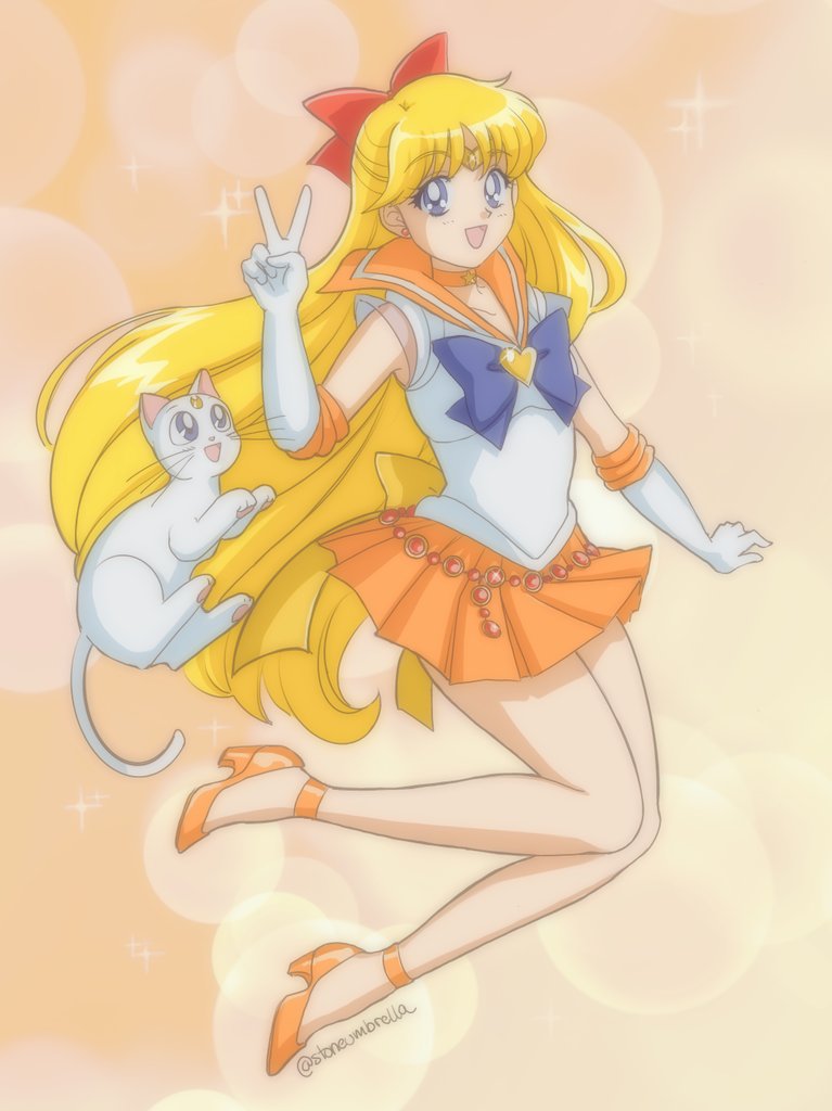 1girl aino_minako artemis_(sailor_moon) bishoujo_senshi_sailor_moon blonde_hair blue_eyes bow cat gloves long_hair looking_at_viewer magical_girl miniskirt red_bow sailor_venus skirt stone_umbrella super_sailor_venus v very_long_hair white_cat