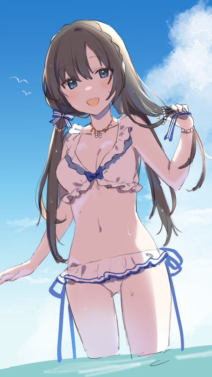 1girl :d adjusting_hair bare_shoulders bikini black_hair blue_eyes blue_sky bracelet breasts cleavage cloud commentary_request cowboy_shot day frilled_bikini frills fujishiro_emyu hand_in_own_hair highres holding holding_own_hair jewelry kozue_mayu kozue_mayu_(swimsuit_costume) long_hair looking_at_viewer magia_record:_mahou_shoujo_madoka_magica_gaiden mahou_shoujo_madoka_magica navel ocean official_alternate_costume open_mouth outdoors sky small_breasts smile solo standing swimsuit twintails untying_hair wading water