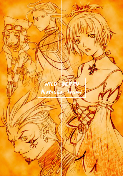 2boys 2girls artist_name bad_id chain chain_necklace choker commentary_request cross cross_choker crown detached_sleeves dress earrings elbow_gloves expressionless facial_hair facial_mark facial_tattoo facing_to_the_side forehead_mark fur-trimmed_vest fur_trim gloves goggles goggles_on_head hair_slicked_back hand_up hands_on_own_knees happy hat hoop_earrings izumi_natsuka jewelry leaning_forward long_hair low_ponytail mini_crown monochrome multiple_boys multiple_girls neck_ribbon necklace open_mouth orange_theme original parted_lips pointy_ears ponytail ribbon sash short_hair smile tattoo upper_body vest wide_sleeves