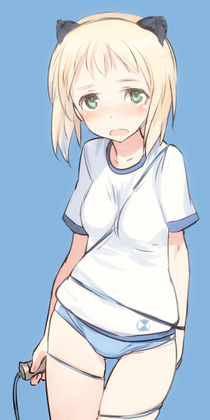 1girl animal_ears blonde_hair blush breasts buruma elma_leivonen female_focus green_eyes gym_uniform looking_at_viewer shimada_fumikane small_breasts solo strike_witches strike_witches:_suomus_misfits_squadron world_witches_series