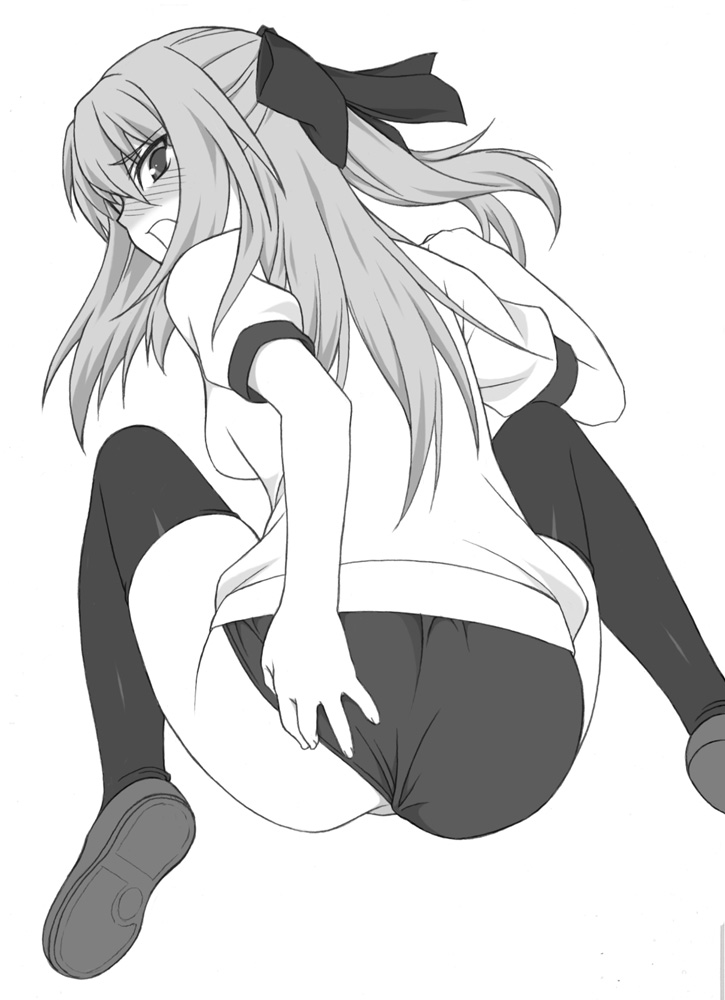 1girl ass buruma cyrille_(shining_force_exa) female_focus greyscale gym_uniform half_updo long_hair looking_back monochrome ribbon sega shichimenchou shining_(series) shining_force_exa simple_background solo thighhighs