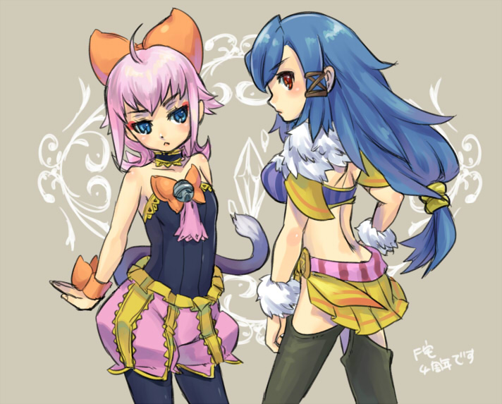 2girls animal_ears blue_eyes blue_hair clavat final_fantasy final_fantasy_crystal_chronicles final_fantasy_crystal_chronicles:_echoes_of_time long_hair low-tied_long_hair midriff multiple_girls pink_hair red_eyes selkie sherlotta tail wolfie_selkie_(female)