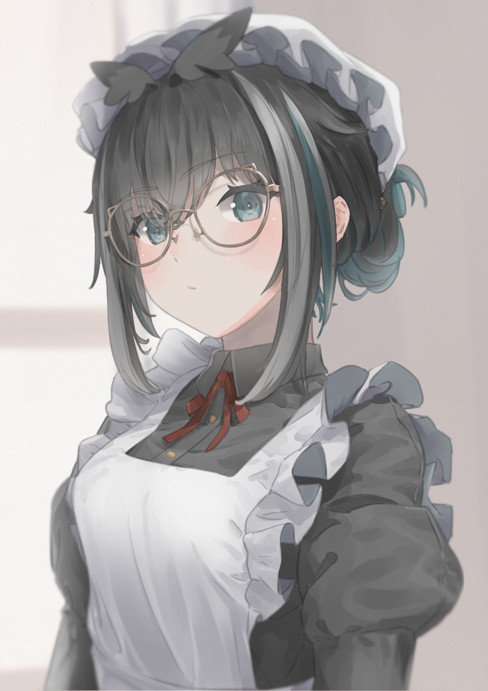 1girl alternate_costume alternate_hairstyle animare apron atsushima black_dress black_hair blue_eyes blue_hair blush bow bowtie breasts brown-framed_eyewear closed_mouth commentary_request dress enmaided expressionless folded_ponytail glasses grey_hair grey_wings hat head_wings highres juliet_sleeves long_sleeves looking_at_viewer maid medium_breasts mob_cap nanashi_inc. oura_rukako puffy_sleeves red_bow red_bowtie short_hair solo upper_body virtual_youtuber white_apron wings