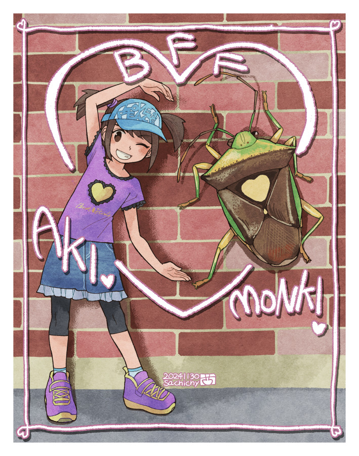 1girl aizawa_sachi artist_name bike_shorts bike_shorts_under_skirt black_shorts blue_skirt brick_wall brown_eyes brown_hair bug dated denim denim_skirt grin heart_arms_duo looking_at_viewer one_eye_closed original parted_lips purple_shirt purple_shoes running_bond shirt shoes short_hair short_sleeves short_twintails shorts skirt smile sneakers solo standing t-shirt teeth twintails
