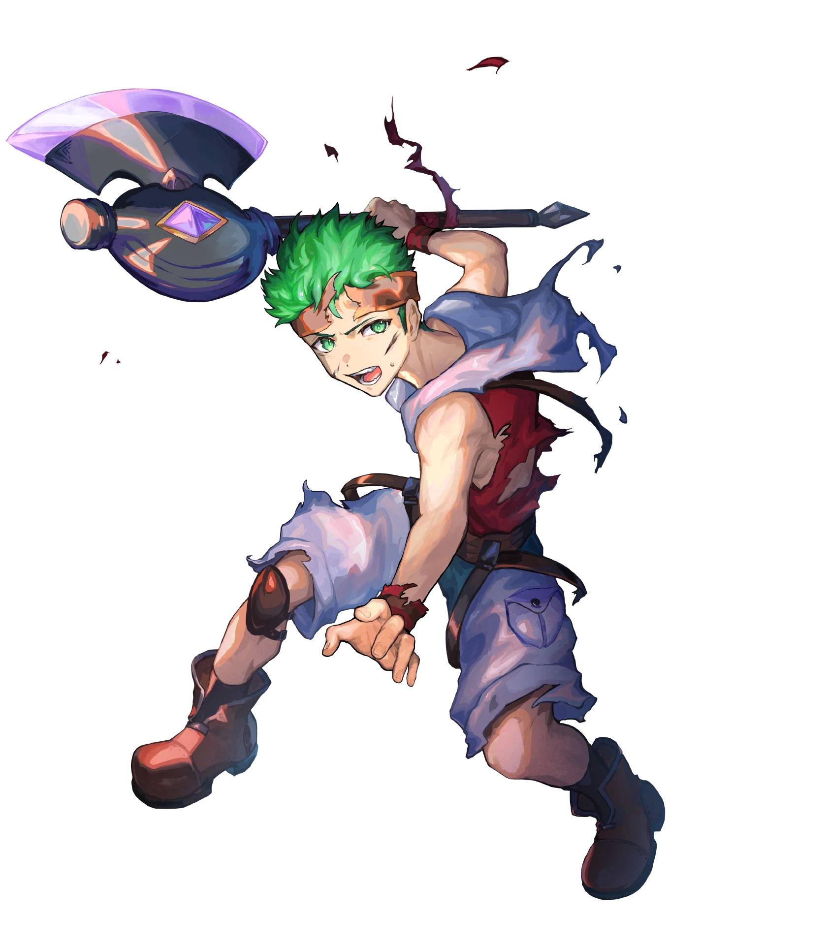 1boy aged_down axe boyd_(fire_emblem) boyd_(future_great)_(fire_emblem) child fire_emblem fire_emblem:_path_of_radiance fire_emblem_heroes full_body green_eyes green_hair headband highres holding holding_axe holding_weapon hood hoodie knee_pads male_focus nijimaarc nintendo non-web_source official_art open_mouth short_hair single_knee_pad sleeveless sleeveless_hoodie solo torn_clothes transparent_background weapon