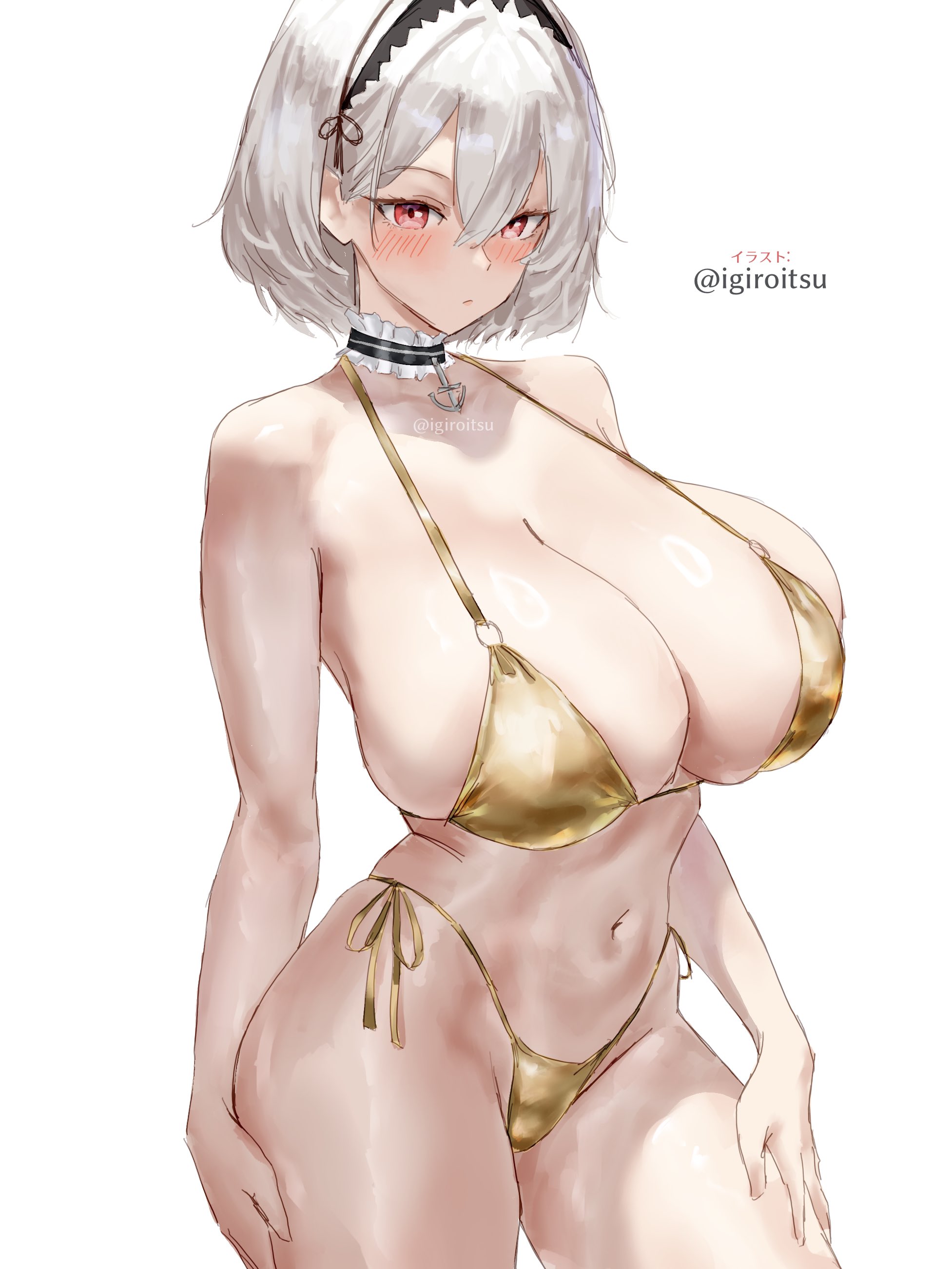 1girl absurdres azur_lane bikini blush breasts choker closed_mouth cowboy_shot gold_bikini hairband highres huge_breasts igiroitsu looking_at_viewer micro_bikini navel red_eyes simple_background sirius_(azur_lane) solo stomach swimsuit white_background white_hair