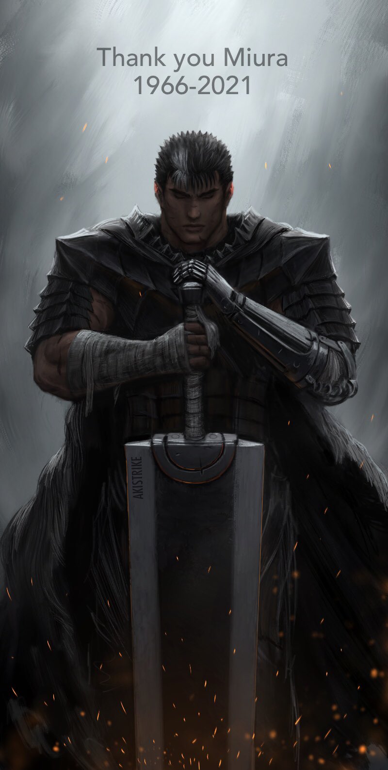1boy aki_(akistrike) armor bandaged_arm bandages berserk berserker_armor closed_eyes closed_mouth dragonslayer_(sword) guts_(berserk) highres male_focus miura_kentarou_(mangaka) short_hair solo thank_you white_hair