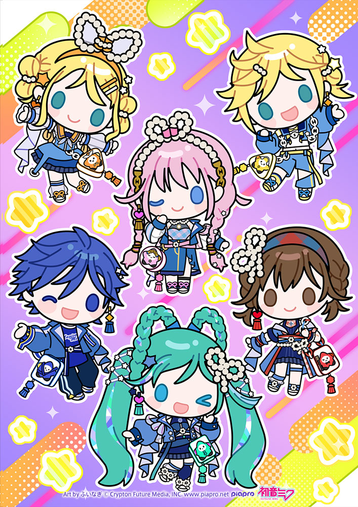 2boys 4girls ;) ;d aqua_eyes aqua_hair artist_name bag black_pants blonde_hair blue_eyes blue_hair blue_jacket blue_shirt blue_skirt blue_thighhighs blush braid brown_eyes brown_hair chibi chibi_only closed_mouth commentary_request copyright_notice detached_sleeves earrings fuinagi_(huyuu_mm) full_body grey_sleeves grey_socks hair_ornament hair_rings hairclip hatsune_miku heart hip_vent jacket jewelry kagamine_len kagamine_rin kaito_(vocaloid) logo long_hair magical_mirai_(vocaloid) magical_mirai_kaito magical_mirai_kaito_(2025) magical_mirai_len magical_mirai_len_(2025) magical_mirai_luka magical_mirai_luka_(2025) magical_mirai_meiko magical_mirai_meiko_(2025) magical_mirai_miku magical_mirai_miku_(2025) magical_mirai_rin magical_mirai_rin_(2025) megurine_luka meiko_(vocaloid) multicolored_hair multiple_boys multiple_girls no_pupils official_art one_eye_closed open_clothes open_jacket open_mouth outline pants pink_hair print_shirt second-party_source shirt short_hair single_earring single_sock single_thighhigh skirt smile socks star_(symbol) star_hair_ornament streaked_hair tassel tassel_earrings thighhighs twin_braids twintails very_long_hair vocaloid white_outline