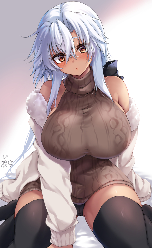 1girl alternate_costume black_panties black_thighhighs breasts brown_eyes dark-skinned_female dark_skin dated dress glasses gradient_background grey_hair hair_between_eyes jacket kantai_collection large_breasts long_hair mashiro_yukiya musashi_(kancolle) musashi_kai_ni_(kancolle) panties ponytail rectangular_eyewear ribbed_dress semi-rimless_eyewear signature sitting sleeveless sleeveless_dress solo thighhighs turtleneck turtleneck_dress underwear very_long_hair wariza white_jacket