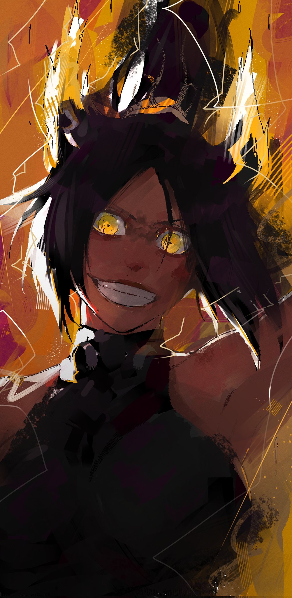 1girl bleach colorized commentary hair_tie halterneck high_ponytail highres kubo_tite looking_at_viewer orange_background ponytail shihouin_yoruichi sidelocks smile solo upper_body vicfaust yellow_background yellow_eyes