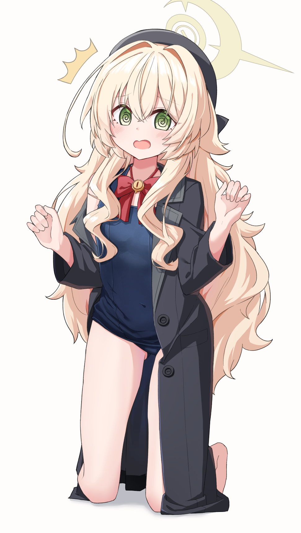 1girl @_@ ^^^ beret black_hat black_jacket blonde_hair blue_archive blue_one-piece_swimsuit blush bow brown_background commentary_request covered_navel full_body green_eyes hair_between_eyes hair_intakes halo hands_up hat highres jacket kneeling long_hair long_sleeves looking_at_viewer nenosame old_school_swimsuit one-piece_swimsuit open_clothes open_jacket open_mouth professor_niyaniya_(blue_archive) red_bow school_swimsuit shadow simple_background solo swimsuit swimsuit_under_clothes very_long_hair wavy_mouth