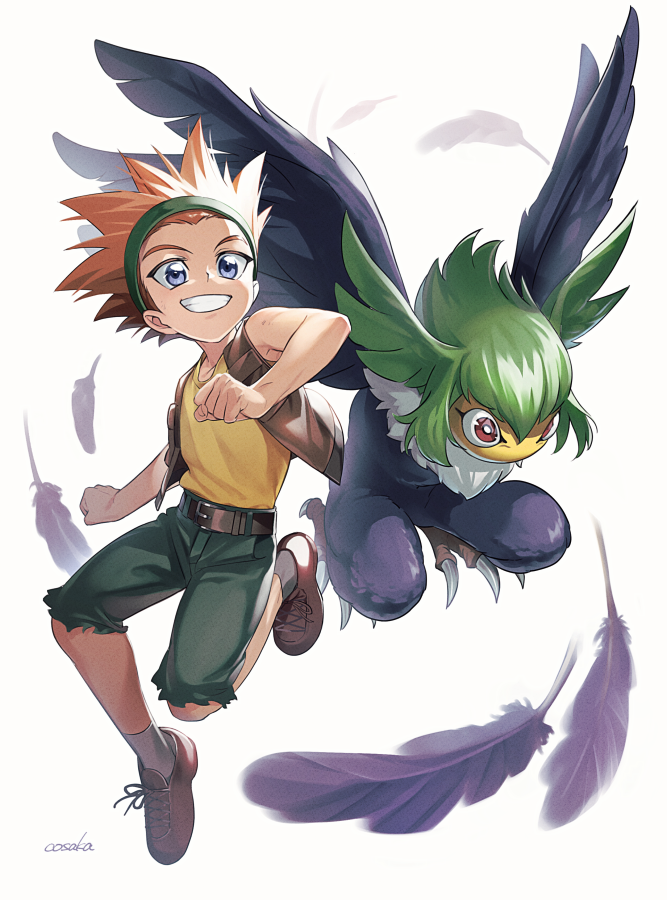 2boys aged_down artist_name bare_shoulders bird black_feathers black_wings blackwing_gale_the_whirlwind brown_vest crow_hogan duel_monster feathers full_body green_shorts lunapont male_focus medium_hair multiple_boys orange_hair shirt shorts simple_background sleeveless sleeveless_shirt spiked_hair torn_clothes torn_shorts vest white_background wings yellow_shirt yu-gi-oh! yu-gi-oh!_5d&#039;s
