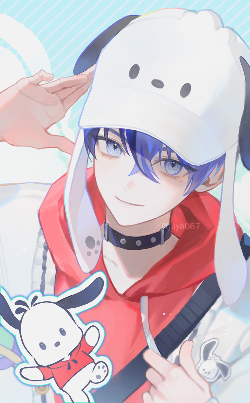 1boy alternate_costume aoyagi_touya arm_up arms_up blue_eyes blue_hair character_hat closed_mouth collar commentary_request crossed_bangs drawstring dutch_angle hair_between_eyes highres hood hood_down hoodie jacket juya067 korean_commentary male_focus pochacco project_sekai red_hoodie sanrio smile upper_body white_jacket