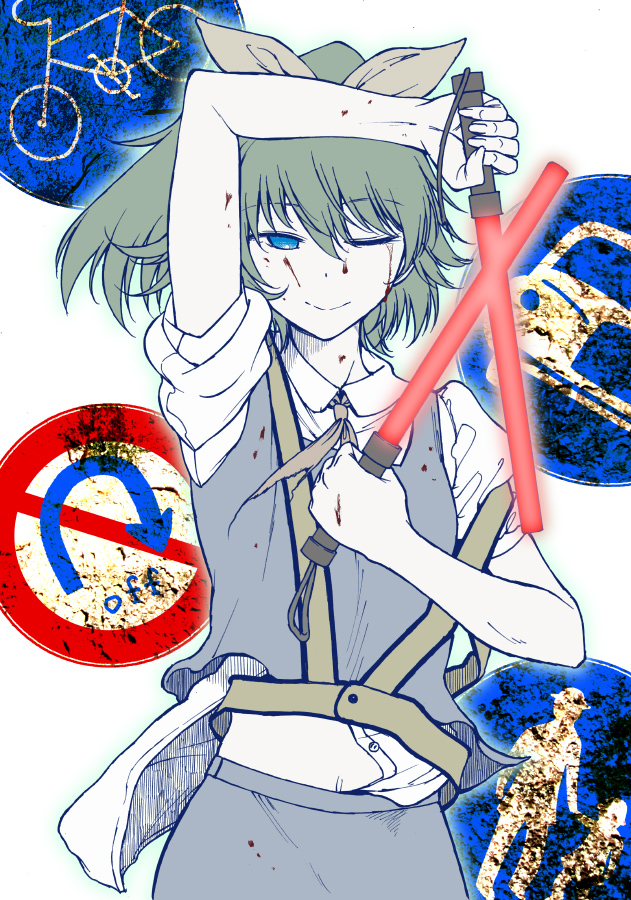 1girl ascot bicycles_only_sign blood blood_on_clothes blood_on_face blue_eyes blue_skirt blue_vest bow closed_mouth collared_shirt commentary_request cookie_(touhou) cowboy_shot daiyousei diyusi_(cookie) dual_wielding flat_chest green_hair hair_bow hanbaagu high-visibility_clothing high-visibility_vest holding looking_at_viewer medium_hair motor_vehicles_only_sign no_u-turn_sign off_(game) one_eye_closed pedestrians_only_sign ponytail road_sign shirt short_sleeves sign skirt smile solo touhou traffic_baton unusually_open_eyes vest white_background white_shirt yellow_ascot yellow_bow