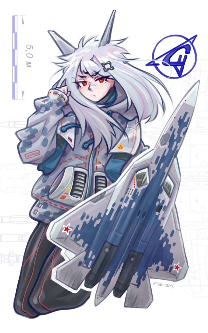 1girl aircraft airplane artist_name camouflage camouflage_jacket closed_mouth company_logo fighter_jet jacket long_hair military_vehicle original personification red_eyes red_star simple_background solo star_(symbol) su-57 white_background white_hair zap-nik