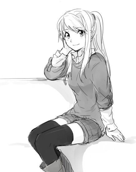 1girl boots earrings female_focus fullmetal_alchemist greyscale hand_on_own_cheek hand_on_own_face jewelry long_hair long_sleeves looking_at_viewer monochrome ponytail riru shorts simple_background sitting smile solo solo_focus thighhighs white_background winry_rockbell