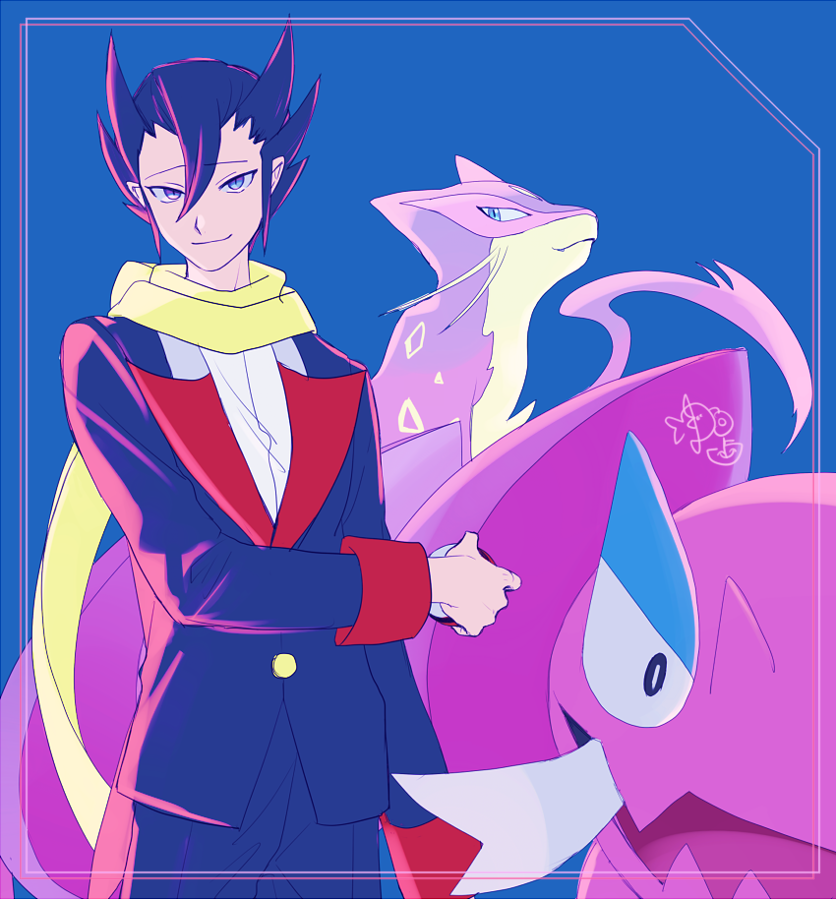 1boy banned_artist black_hair blue_background buttons closed_mouth commentary_request drapion framed gen_4_pokemon gen_5_pokemon grimsley_(pokemon) hair_between_eyes holding holding_poke_ball jacket liepard long_sleeves looking_at_viewer male_focus nintendo pants poke_ball poke_ball_(basic) pokemon pokemon_(creature) pokemon_bw scarf shirt short_hair simple_background smile spiked_hair white_shirt yellow_scarf yu_(xcapriccioso)