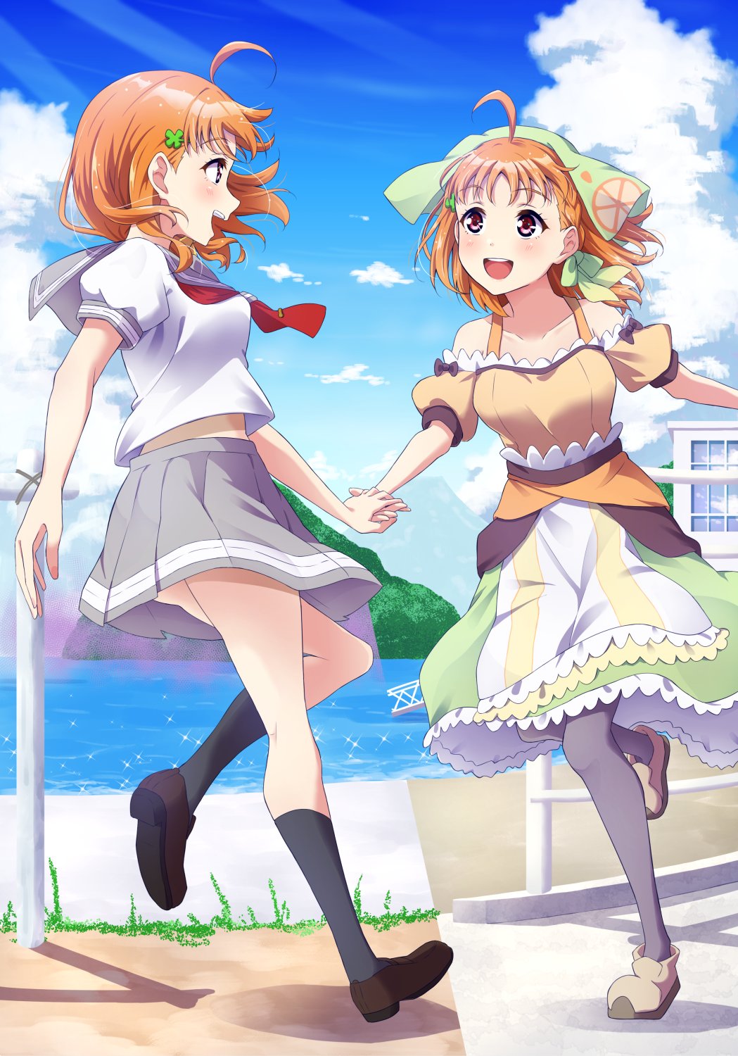 2girls ahoge birthday black_pantyhose blue_sky blush braid breasts chika_(genjitsu_no_yohane) cloud cloudy_sky clover_hair_ornament collarbone commentary dual_persona genjitsu_no_yohane hair_ornament highres love_live! love_live!_sunshine!! medium_breasts midriff multiple_girls orange_hair pantyhose qy73 red_eyes school_uniform short_hair short_sleeves side_braid sky smile takami_chika uranohoshi_school_uniform