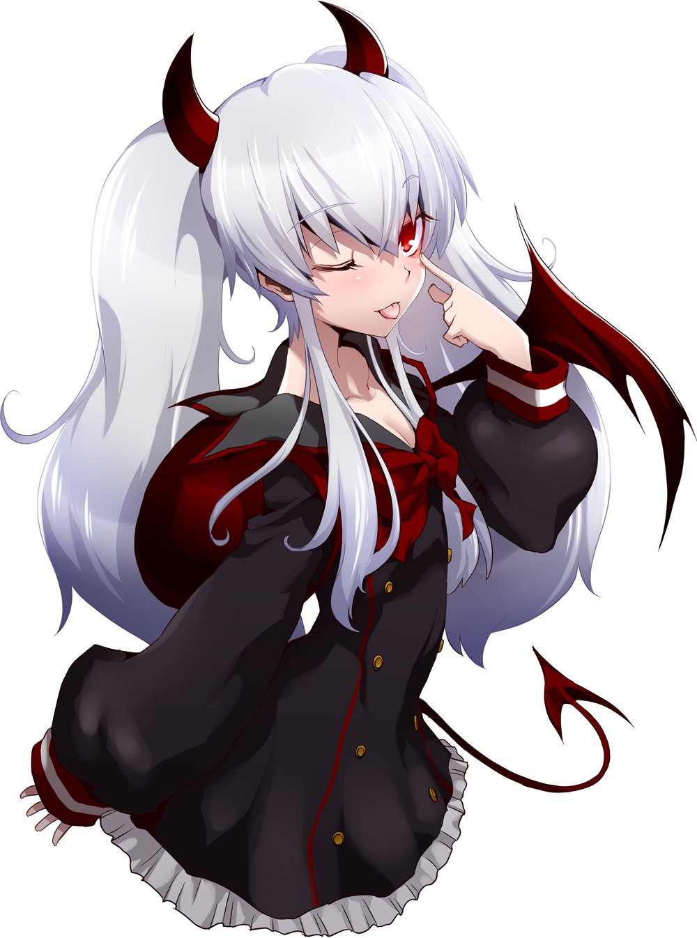 1girl ;p akanbe black_dress commentary_request demon_girl demon_horns demon_tail demon_wings dress eyelid_pull flat_chest grim_aloe highres horns long_hair long_sleeves looking_at_viewer official_art one_eye_closed qma_staff quiz_magic_academy red_eyes simple_background solo tail tongue tongue_out twintails white_background white_hair wings