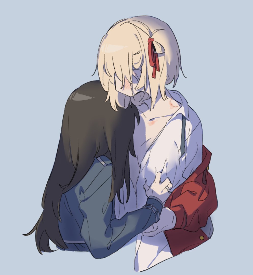 2girls arm_up bite_mark bite_mark_on_neck biting_another black_hair blonde_hair blue_background blush bow bowtie breasts gripping_clothes hair_over_eyes hickey inoue_takina jewelry long_hair lycoris_recoil lycoris_uniform multiple_girls nishikigi_chisato partially_unbuttoned partially_undressed red_bow red_bowtie ring shioneko114 shirt short_hair white_shirt yuri