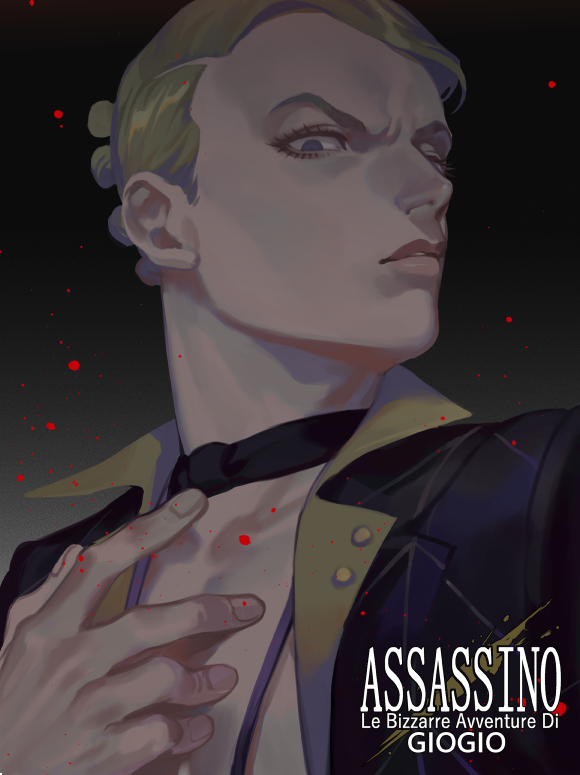 1boy bdsm black_background black_jacket blonde_hair bondage bound choker copyright_name eyelashes fingernails gradient_background grey_eyes jacket jojo_no_kimyou_na_bouken looking_at_viewer male_focus mature_male parted_lips prosciutto solo upper_body vento_aureo zoo_(oukakumaku)