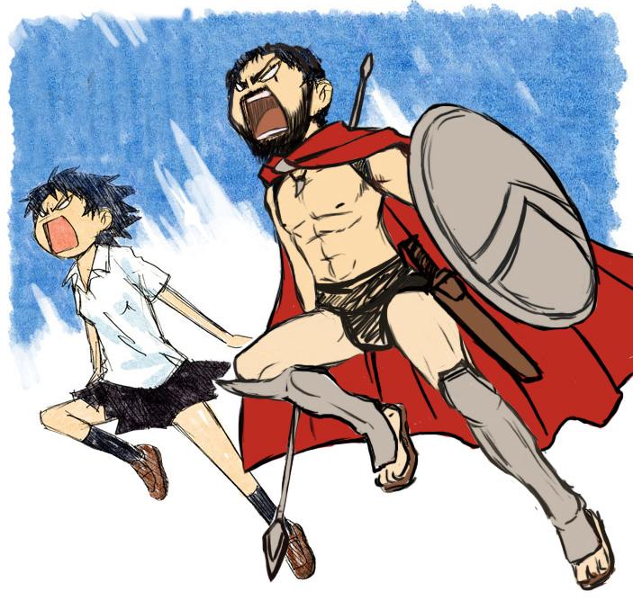1boy 1girl 300_(movie) angry azuma_kiyohiko cape jumping kneehighs konno_makoto leonidas open_mouth outdoors parody polearm shield simple_background socks spear sword toki_wo_kakeru_shoujo weapon