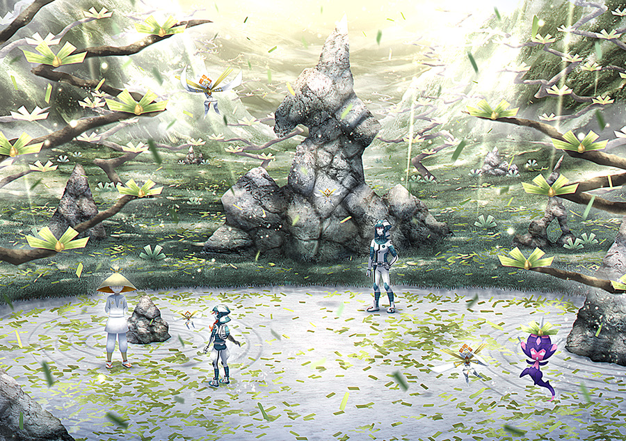 1boy 1girl 1other backpack bag belt blurry commentary_request day dulse_(pokemon) falling_leaves forgotten_artist gen_7_pokemon grass hand_on_own_hip hat helmet jumpsuit kartana leaf long_hair nintendo orange_hair outdoors poipole pokemon pokemon_(creature) pokemon_usum shoes standing ultra_beast ultra_recon_squad_uniform white_footwear white_headwear zossie_(pokemon)