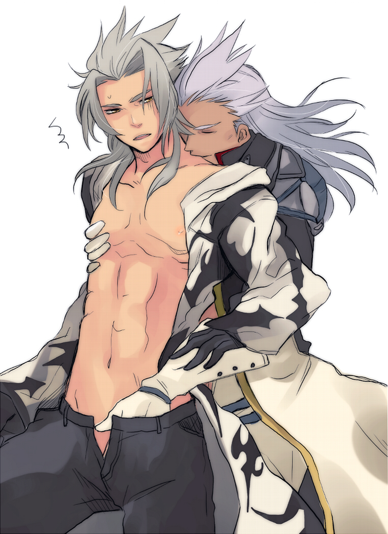 2boys ansem dark_skin dual_persona kingdom_hearts male_focus minatoya_mozuku multiple_boys selfcest undressing xemnas yaoi