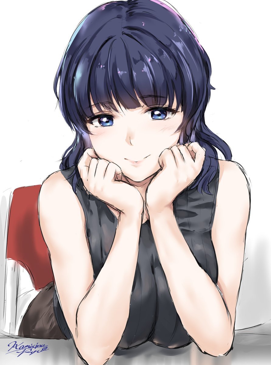 1girl artist_name artist_request asaka_karin bare_shoulders black_shirt blue_eyes blue_hair blush breasts brown_pants chair collarbone dark_blue_hair elbow_on_table female_focus hair_over_shoulder half-closed_eyes hands_on_chin hands_on_own_chin highres kamishiro_ryuu large_breasts looking_at_viewer love_live! love_live!_nijigasaki_high_school_idol_club medium_hair pants parted_lips shirt short_hair sleeveless sleeveless_shirt smile solo table white_background