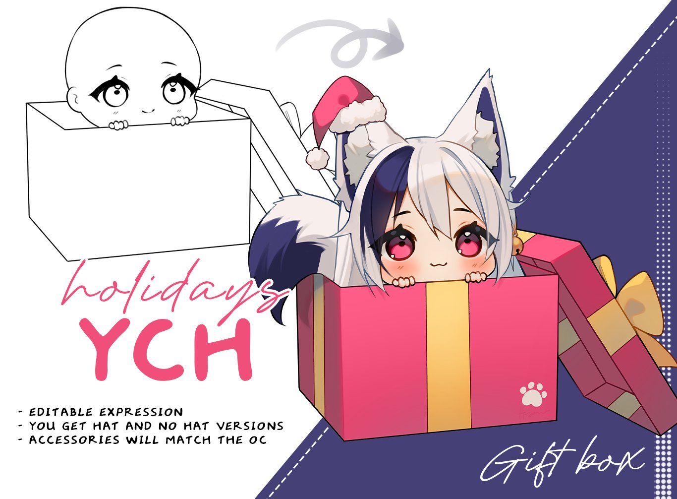 1girl :3 animal_ear_fluff animal_ears arrow_(symbol) black_hair box chibi christmas closed_mouth commentary dotted_line english_commentary english_text eyelashes fox_ears fox_girl fox_tail fur-trimmed_headwear fur_trim gift hair_between_eyes halftone happy hat hyanna-natsu in_box in_container lid light_blush long_hair looking_at_viewer mini_hat mini_santa_hat multicolored_hair original paw_print pink_eyes pom_pom_(clothes) purple_background red_hat santa_hat smile streaked_hair tail two-tone_background white_background white_hair ych_commission