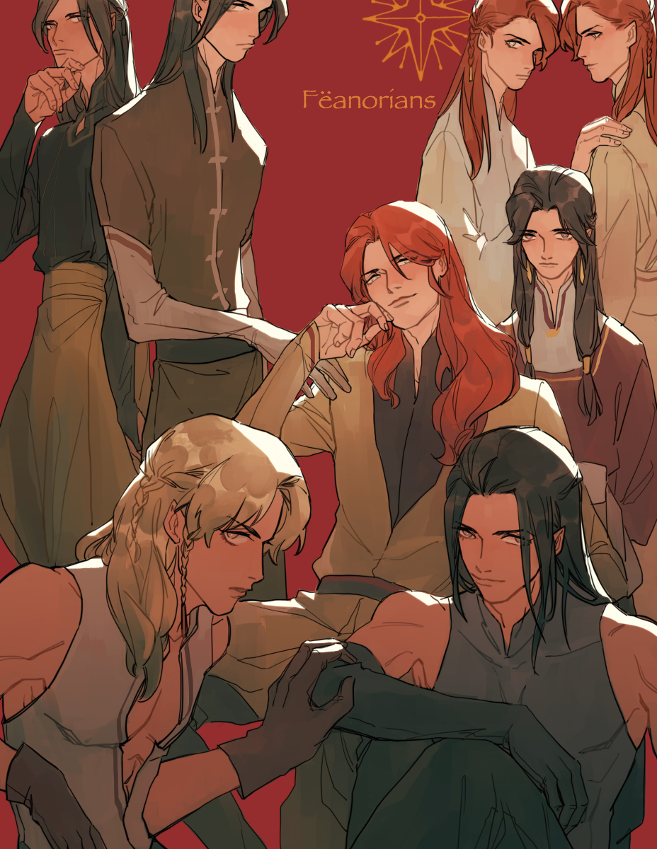 6+boys amras amrod bare_arms bare_shoulders black_hair blonde_hair braid brothers caranthir celegorm collar curufin elf english_text eyebrows eyebrows_hidden_by_hair eyelashes eyes_visible_through_hair family feanor gloves grey_eyes hand_on_own_face high_collar highres long_hair looking_at_viewer maedhros maglor male_focus multiple_boys parted_bangs pectoral_cleavage pectorals pointy_ears prince red_hair siblings sitting standing the_silmarillion tolkien&#039;s_legendarium twins viery