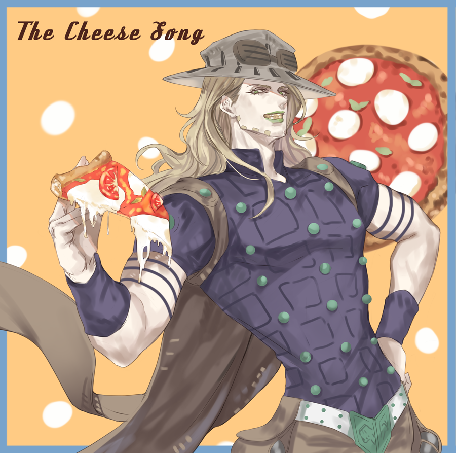 1boy beard blonde_hair cape facial_hair food green_lips grills gyro_zeppeli hat holding holding_food holding_pizza jojo_no_kimyou_na_bouken long_hair male_focus margherita_pizza narrow_waist pizza pizza_slice solo steel_ball_run yepnean