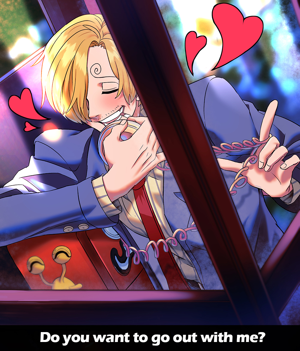 1boy belt blue_jacket blush buttons cigarette closed_eyes collared_shirt commentary den_den_mushi english_commentary english_text facial_hair formal_clothes hair_over_one_eye hands_up heart holding holding_phone jacket long_sleeves mouth_hold necktie one_piece open_mouth pants phone phone_booth red_necktie rita_ya sanji_(one_piece) shirt short_hair smile solo striped_clothes striped_shirt talking_on_phone