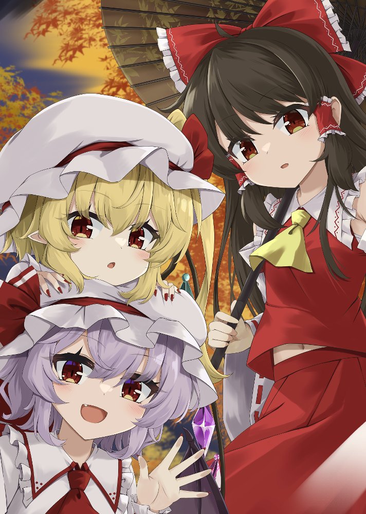 3girls :d :o akisome_hatsuka ascot bat_wings blonde_hair blush bow brown_hair chin_rest collared_shirt commentary_request detached_sleeves fang flandre_scarlet frilled_bow frilled_hair_tubes frilled_shirt_collar frills hair_bow hair_tubes hakurei_reimu hat head_on_head head_rest holding holding_umbrella long_hair looking_at_viewer midriff_peek mob_cap multiple_girls oil-paper_umbrella open_mouth purple_hair red_ascot red_bow red_eyes red_nails red_shirt red_skirt remilia_scarlet shirt skirt sleeveless sleeveless_shirt smile touhou umbrella waving white_hat white_shirt wings wrist_cuffs yellow_ascot