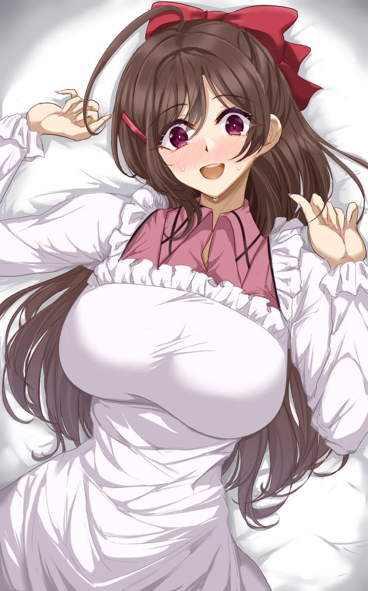 1girl ahoge apron breasts brown_hair chamumi_(mochiumee) collared_shirt cowboy_shot dress_shirt hair_ornament hair_ribbon hairclip highres kantai_collection kappougi large_breasts long_hair looking_at_viewer lying mamiya_(kancolle) open_mouth pink_shirt red_eyes ribbon shirt solo