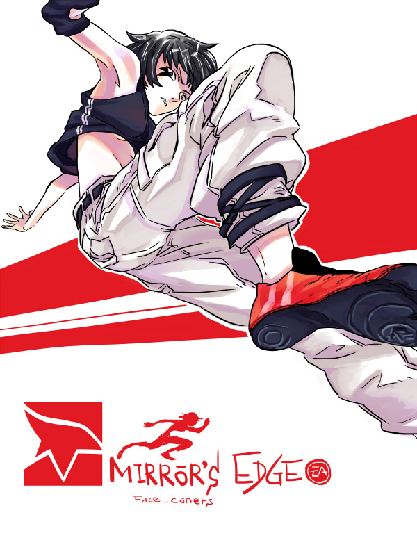 1girl armpits black_hair cargo_pants copyright_name elbow_pads facial_tattoo faith_connors female_focus furinpurin_(arukari) jumping midriff mirror&#039;s_edge mirror&#039;s_edge_(series) no_bra pants parkour shoes short_hair simple_background sneakers solo striped_background tank_top tattoo teeth
