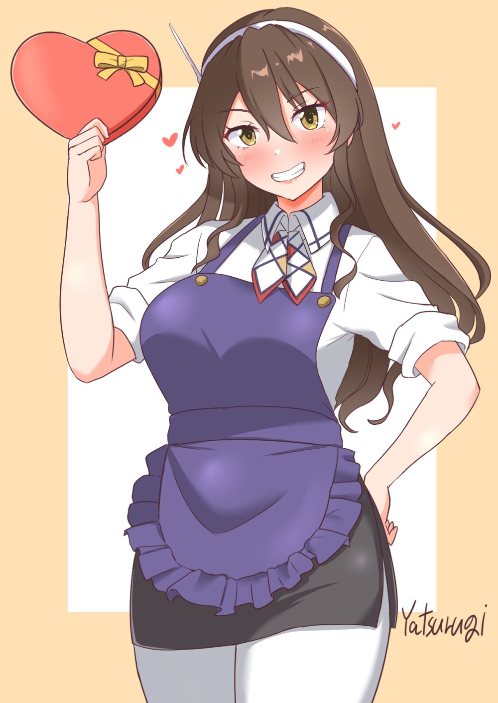 1girl apron artist_name ascot ashigara_(kancolle) ashigara_kai_ni_(ichibankuji)_(kancolle) ashigara_kai_ni_(kancolle) box brown_eyes brown_hair fang frilled_apron frills gift gift_box hairband heart-shaped_box highres holding holding_box holding_gift kantai_collection long_hair looking_at_viewer multicolored_ascot multicolored_neckerchief neckerchief print_neckerchief purple_apron shirt sleeves_rolled_up smile valentine wavy_hair white_hairband white_shirt yatsurugi yellow_background