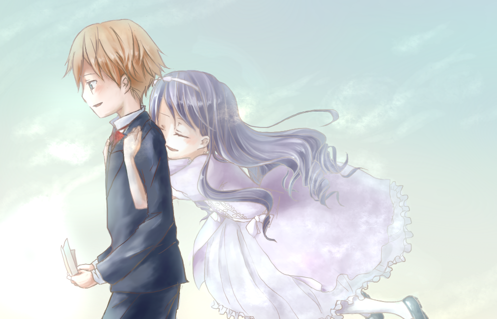1boy 1girl artist_request blonde_hair blue_eyes blush bow bowtie chloe_ardenne chloe_no_requiem dress formal_clothes frills gradient_background hairband hetero holding hug long_hair michel_d&#039;alembert open_mouth purple_hair sidelocks suit tears