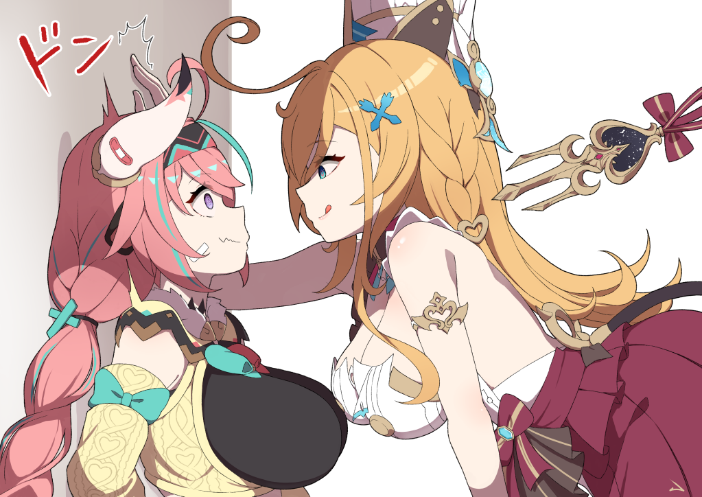2girls :q @_@ ^^^ against_wall akisaka_akira animal_ears antenna_hair aqua_hair arm_up bandaid bandaid_on_horn bare_shoulders breasts chef_hat closed_mouth commentary_request cow_ears cow_horns cowlick detached_sleeves escoffier_(genshin_impact) eye_contact face-to-face framed_breasts from_side genshin_impact green_eyes hair_ornament hand_on_wall hat headband horns kabedon large_breasts leaning_forward long_hair looking_at_another mechanical_tail multicolored_hair multiple_girls nervous orange_hair pink_hair purple_eyes skirt smile tail tongue tongue_out two-tone_hair varesa_(genshin_impact) very_long_hair vest vision_(genshin_impact) wide-eyed yuri