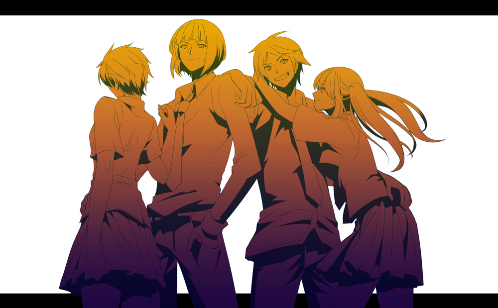 .flow 2boys 2girls bad_id bad_pixiv_id collared_shirt hand_on_another&#039;s_chest hand_on_another&#039;s_shoulder hand_on_own_ass kaibutsu letterboxed long_hair looking_at_viewer monochrome multiple_boys multiple_girls necktie olmatown ponytail sabitsuki school_uniform shirt short_hair sidelocks skirt smile twintails