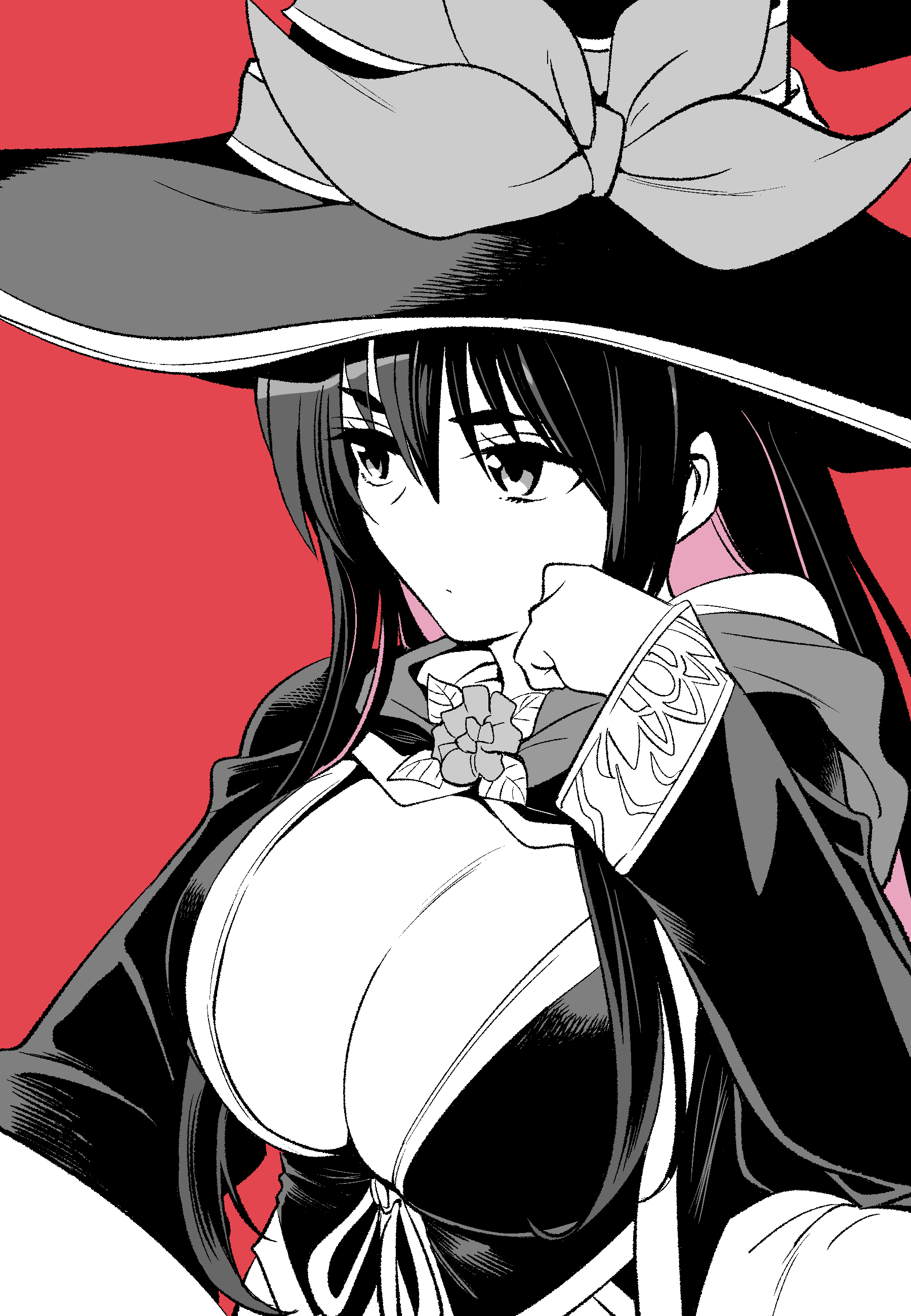 1girl absurdres black_hair black_hat breasts cleavage colored_inner_hair hat highres idola_avorn kato_takuji large_breasts long_hair monochrome multicolored_hair pink_hair robe sentai_red_ga_isekai_de_boukensha_ni_naru simple_background solo thick_eyebrows two-tone_hair upper_body witch witch_hat