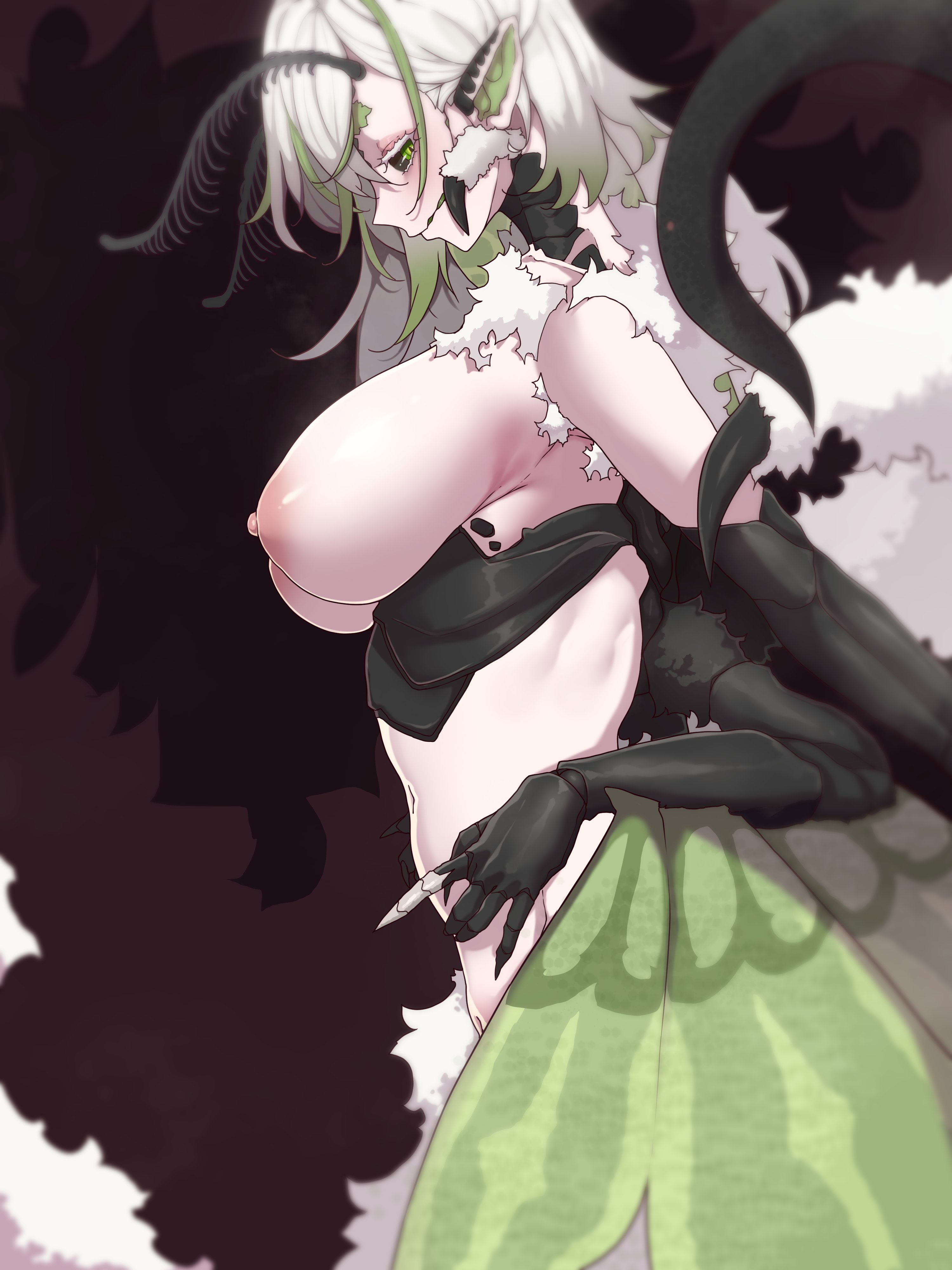 1girl absurdres arthropod_girl bare_shoulders black_sclera breasts breasts_out colored_sclera cowboy_shot extra_arms from_side green_wings grey_hair highres indie_virtual_youtuber insect_girl insect_wings juniper_actias large_breasts long_hair moth_girl multicolored_hair navel nipples solo streaked_hair todding two-tone_hair virtual_youtuber white_hair winged_arms wings