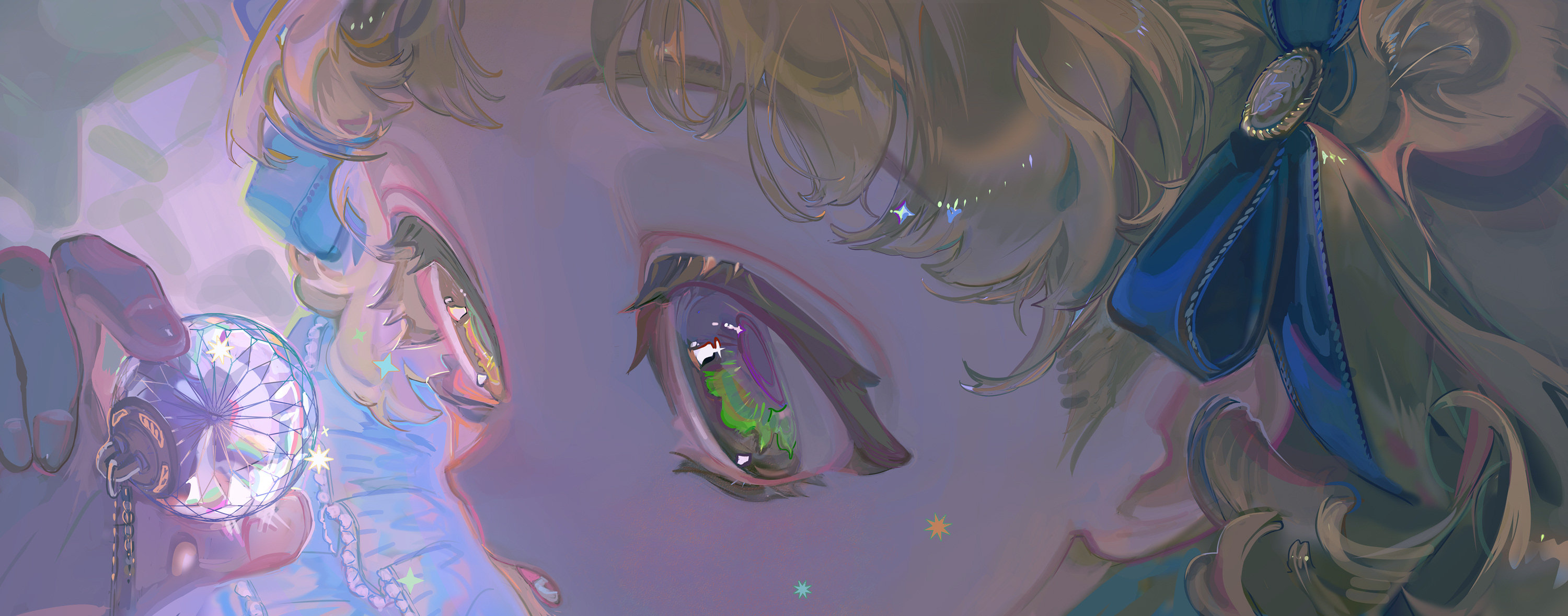 1girl ball blonde_hair blue_ribbon chain close-up commentary crystal glowing green_eyes hair_ribbon hand_up highres holding holding_pendant jewelry original parted_lips pendant ribbon solo sparkle tamomoko taro-k