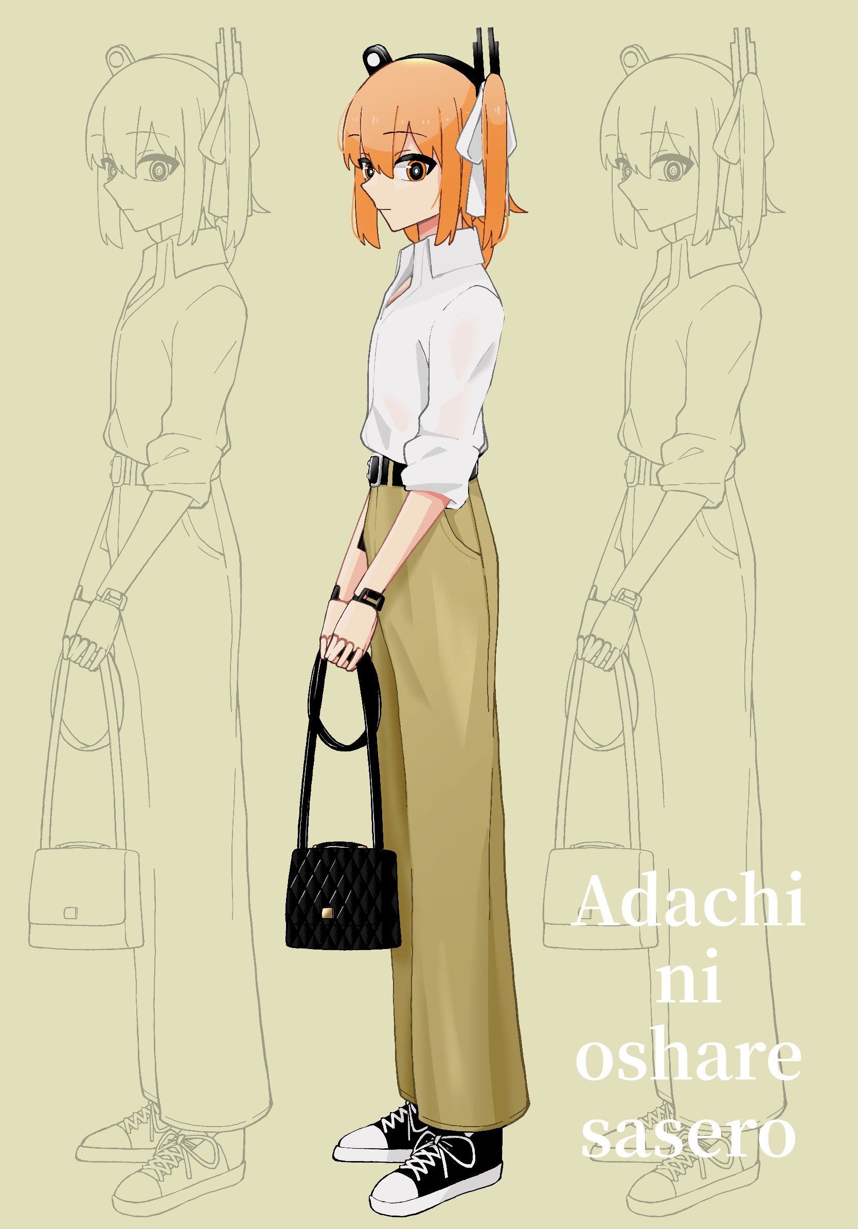 1girl a.i._voice adachi_rei alternate_costume android bag belt black_belt brown_pants closed_mouth dress_shirt expressionless fashion from_side full_body headlamp highres holding holding_bag joints long_hair looking_at_viewer looking_to_the_side one_side_up orange_eyes orange_hair pants partially_colored popped_collar radio_antenna raised_eyebrows recurring_image robot_joints romaji_text sabiwo see-through_clothes see-through_shirt shirt shirt_tucked_in shoes shoulder_bag sidelocks simple_background sleeves_rolled_up sneakers solo standing utau white_shirt yellow_background