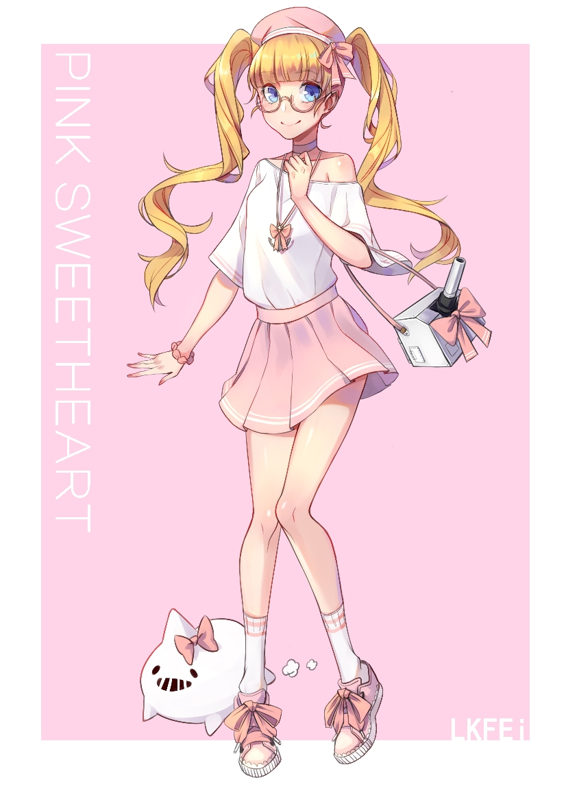 1girl anchor_necklace andrea_doria_(warship_girls_r) animal_request artist_name bag beret bespectacled blonde_hair blue_eyes bow bracelet choker elbow_carry english_text fei_(1042471593) female_focus fingernails footwear_bow glasses hand_on_own_chest handbag hat horn_bow horn_ornament horns jewelry long_hair looking_at_viewer nail_polish necklace off-shoulder_shirt off_shoulder pink_background pink_bow pink_nails pink_skirt scrunchie semi-rimless_eyewear ship_turret shirt shoes simple_background skirt sneakers socks solo twintails under-rim_eyewear very_long_hair warship_girls_r