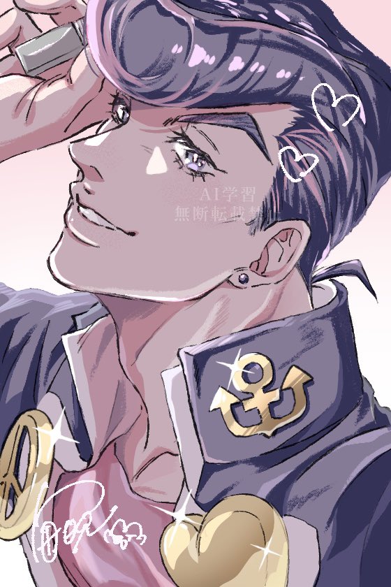1boy anchor_ornament diamond_wa_kudakenai earrings gakuran heart heart_ornament higashikata_josuke high_collar jewelry jojo_no_kimyou_na_bouken kotogre looking_at_viewer male_focus peace_symbol pink_shirt pompadour portrait purple_eyes purple_hair school_uniform shirt smile solo stud_earrings teeth white_background