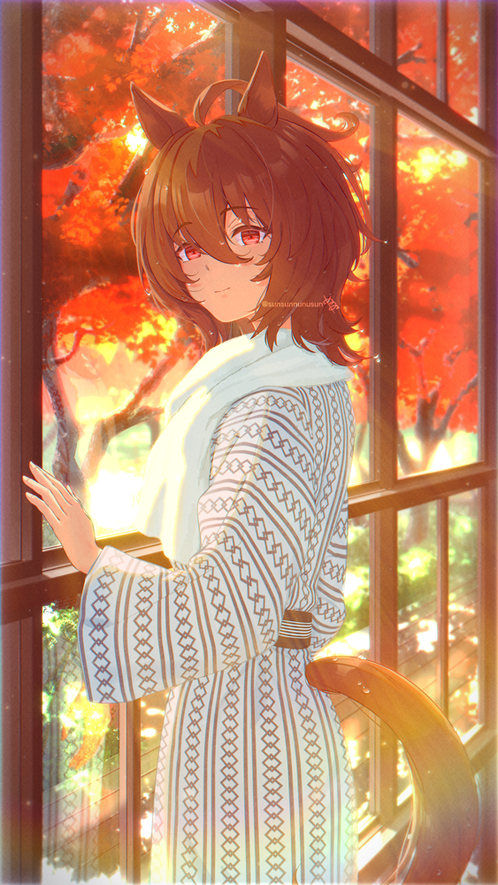 1girl agnes_tachyon_(umamusume) ahoge animal_ears artist_name autumn_leaves breasts brown_hair closed_mouth clothing_cutout gloves hair_between_eyes hand_up horse_ears horse_tail huge_ahoge leaf medium_hair red_eyes reflection smile solo sunsunnunusun tail tail_through_clothes towel towel_around_neck twitter_username umamusume window