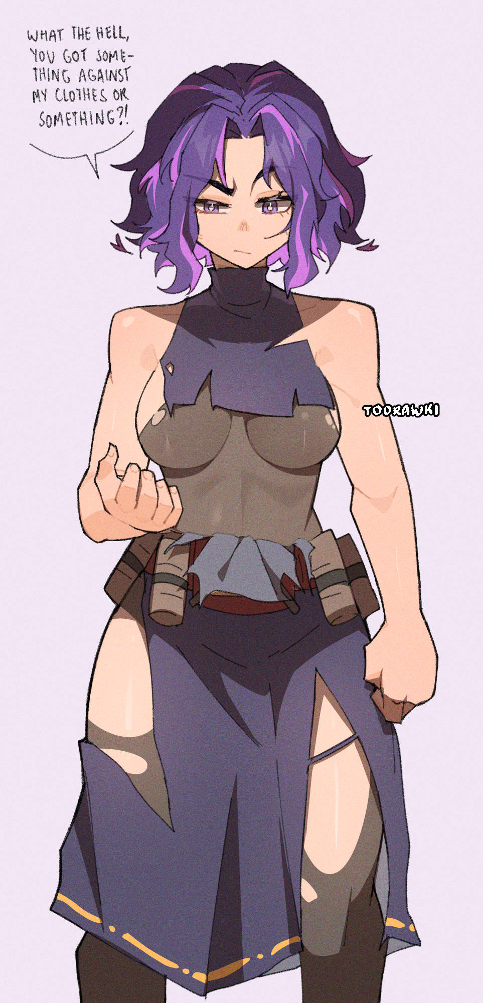 1girl belt boku_no_hero_academia dress english_text highres lady_nagant medium_hair multicolored_hair pantyhose solo taut_clothes taut_dress torn_clothes torn_pantyhose two-tone_hair utility_belt wokiiarts