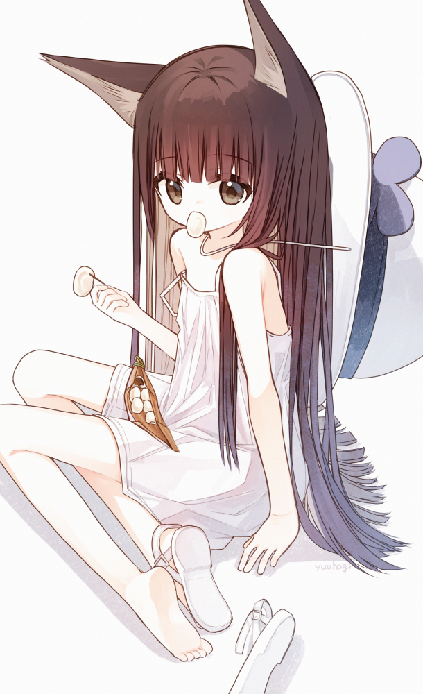 1girl animal_ears arm_support bare_arms bare_shoulders barefoot brown_eyes brown_hair commentary_request dress feet food_in_mouth fox_ears hat hat_on_back long_hair looking_at_viewer mouth_hold original sandals shadow shoe_soles signature simple_background single_sandal sitting sleeveless sleeveless_dress soles solo strap_slip toes very_long_hair white_background white_dress white_hat white_sandals yokozuwari yuuhagi_(amaretto-no-natsu)